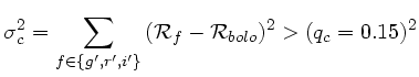 $\displaystyle \sigma_c^2 = \sum_{f \in \{g', r', i'\}}{({\cal R}_f-{\cal R}_{bolo})^2}
> ( q_c = 0.15 )^2$